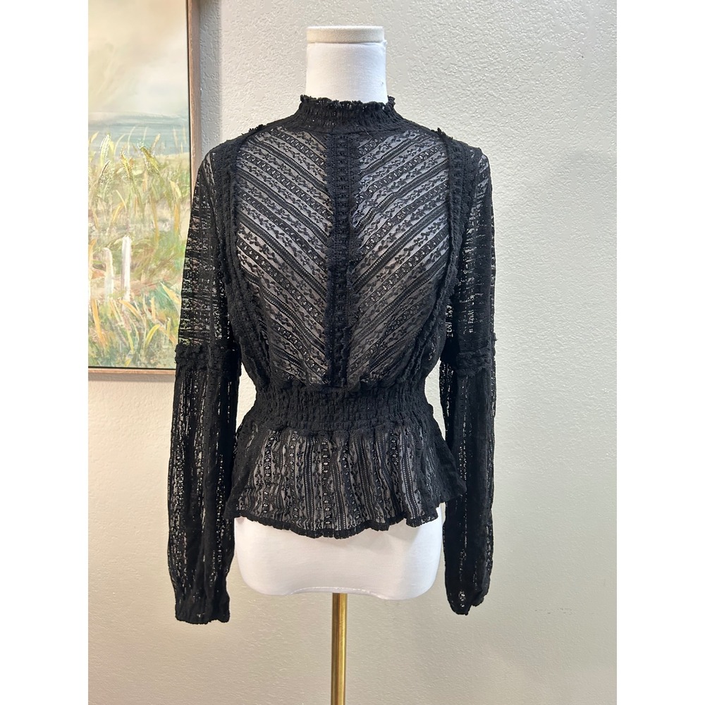 Black Lace Mock Neck Peplum Blouse Sheer Balloon Sleeve XL